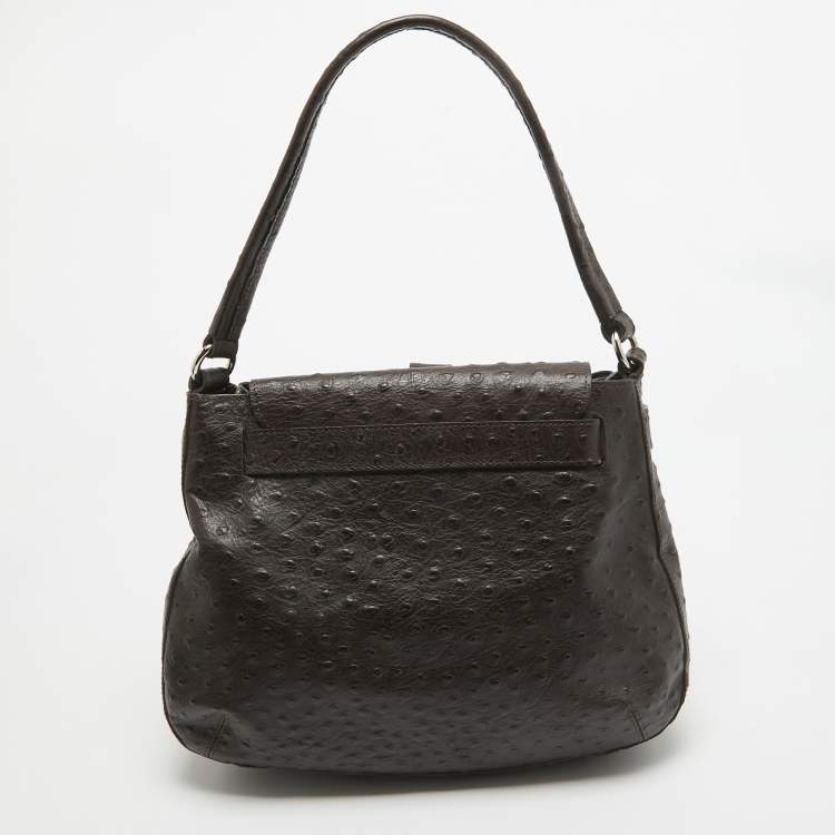 Pre Owned Furla Dark Brown Ostrich Leather Greta Bag