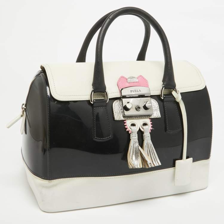 Pre Owned Furla Black/White Leather and Rubber Candy Flap Satchel