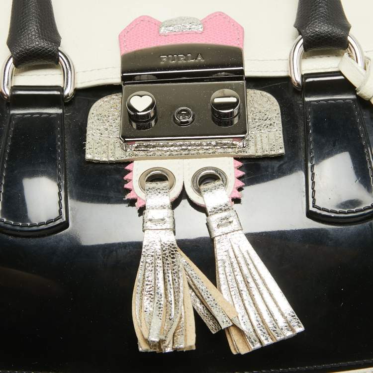 Pre Owned Furla Black/White Leather and Rubber Candy Flap Satchel