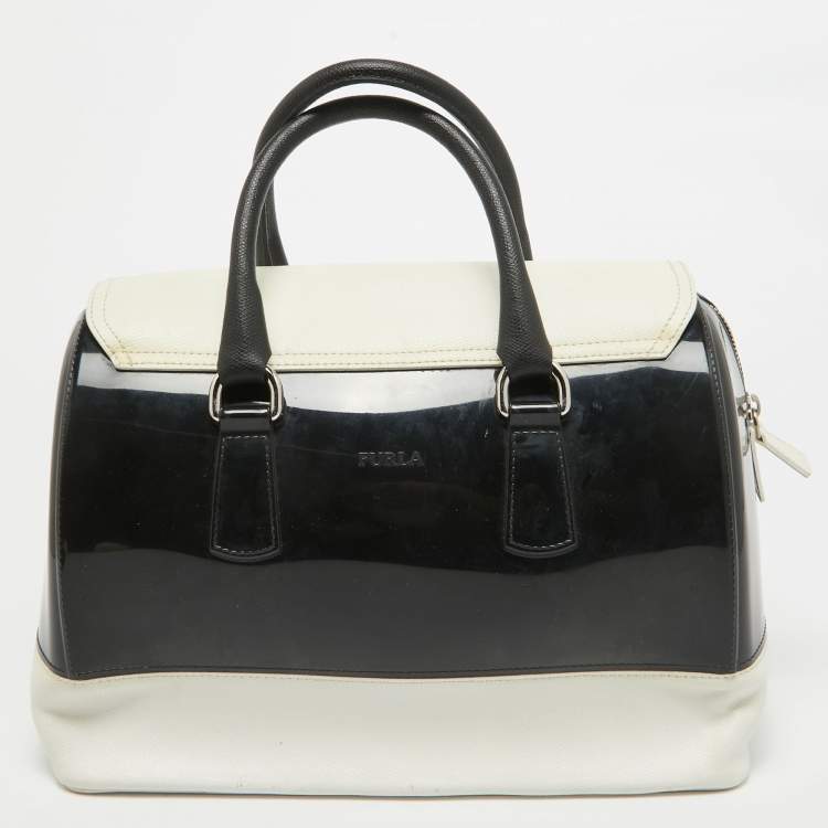 Pre Owned Furla Black/White Leather and Rubber Candy Flap Satchel
