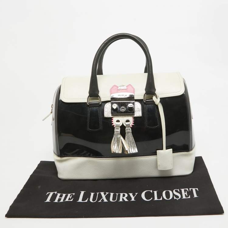 Pre Owned Furla Black/White Leather and Rubber Candy Flap Satchel