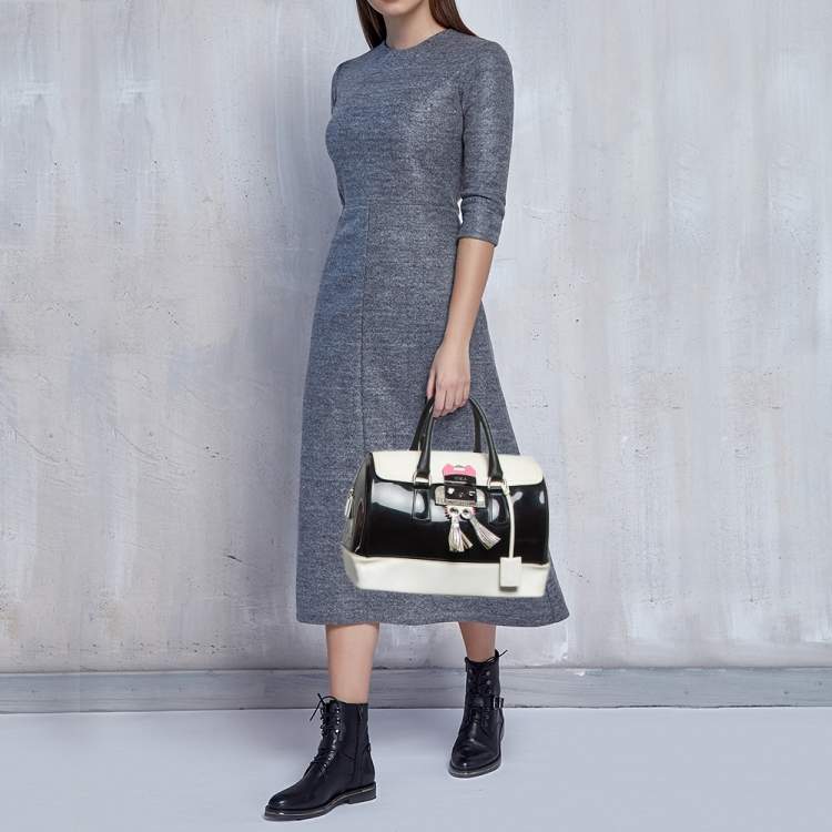 Pre Owned Furla Black/White Leather and Rubber Candy Flap Satchel