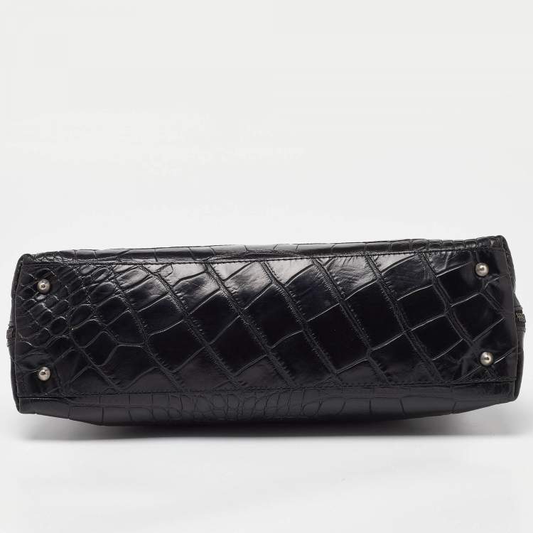 Pre Owned Furla Black Croc Embossed Leather Vintage Shoulder Bag