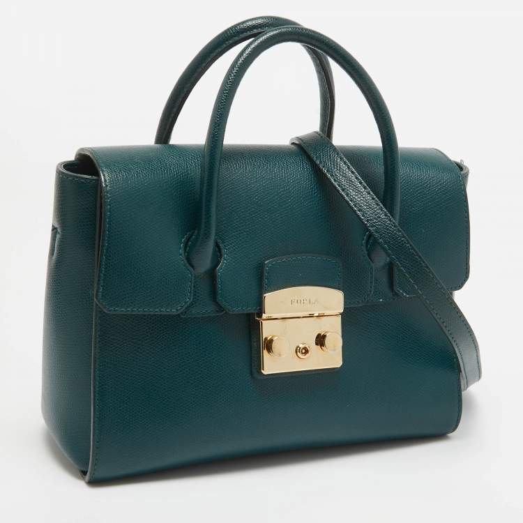 Pre Owned Furla Green Leather Small Metropolis Tote