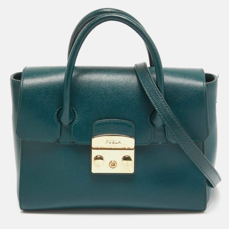 Pre Owned Furla Green Leather Small Metropolis Tote