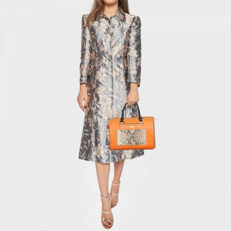 Pre Owned Furla Orange/Brown Rubber and Snakeskin Embossed Leather Candy Satchel
