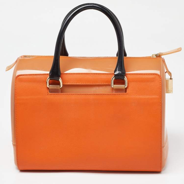 Pre Owned Furla Orange/Brown Rubber and Snakeskin Embossed Leather Candy Satchel