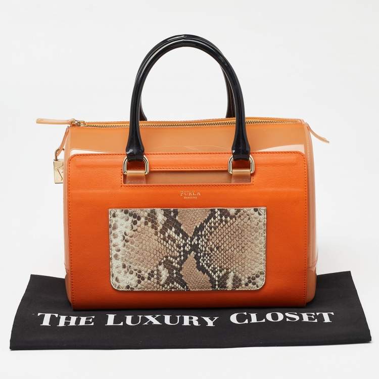 Pre Owned Furla Orange/Brown Rubber and Snakeskin Embossed Leather Candy Satchel