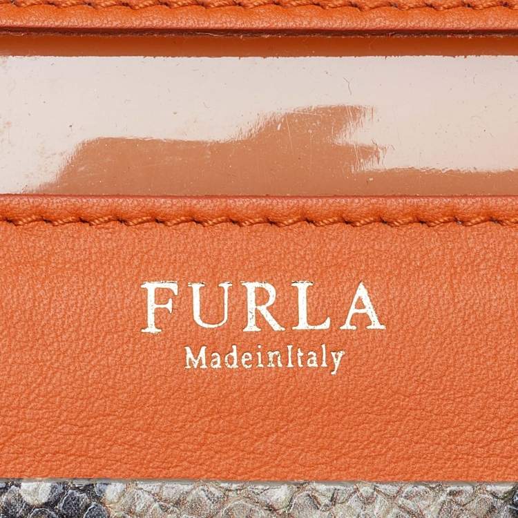 Pre Owned Furla Orange/Brown Rubber and Snakeskin Embossed Leather Candy Satchel