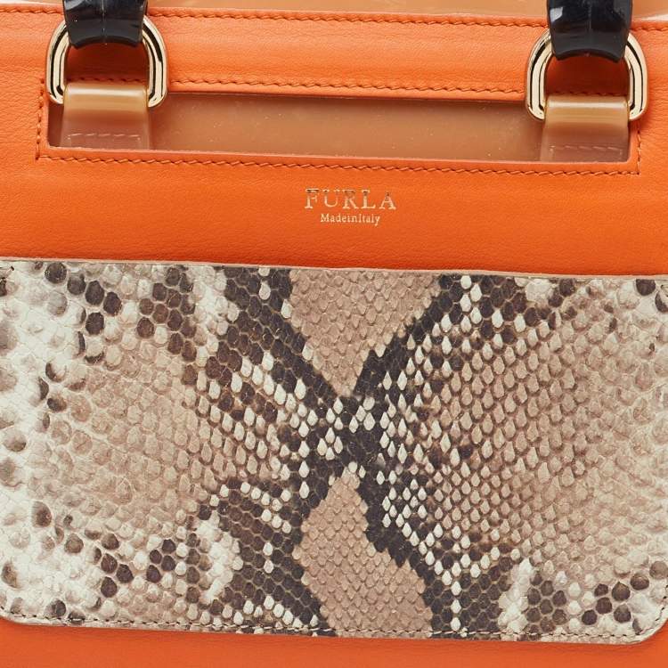 Pre Owned Furla Orange/Brown Rubber and Snakeskin Embossed Leather Candy Satchel