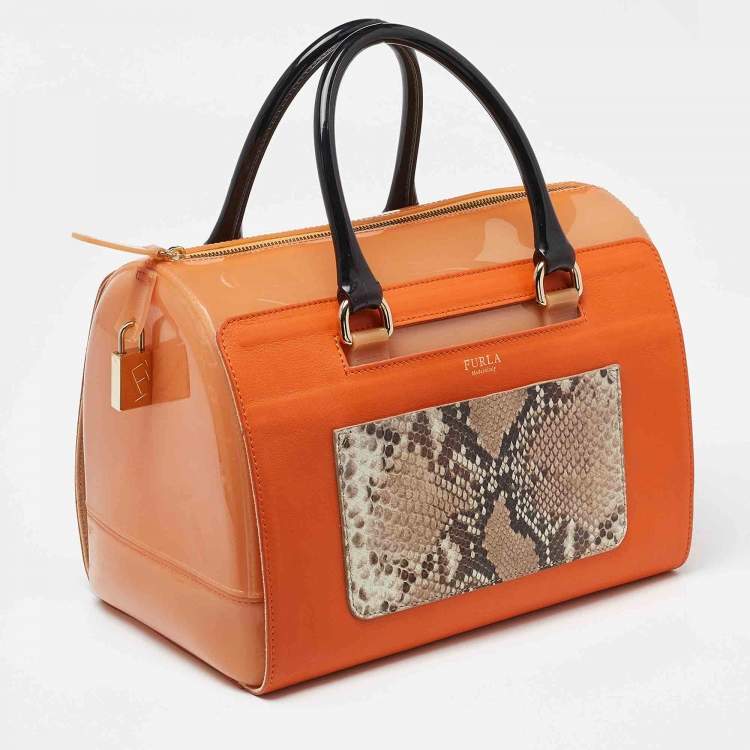 Pre Owned Furla Orange/Brown Rubber and Snakeskin Embossed Leather Candy Satchel