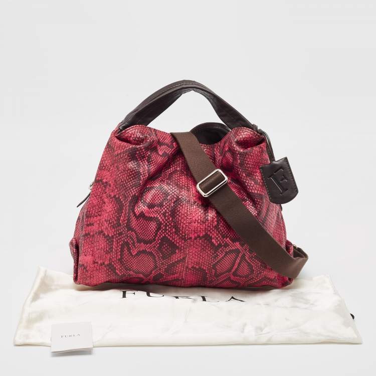 Pre Owned Furla Red/Brown Python Embossed and Leather Hobo