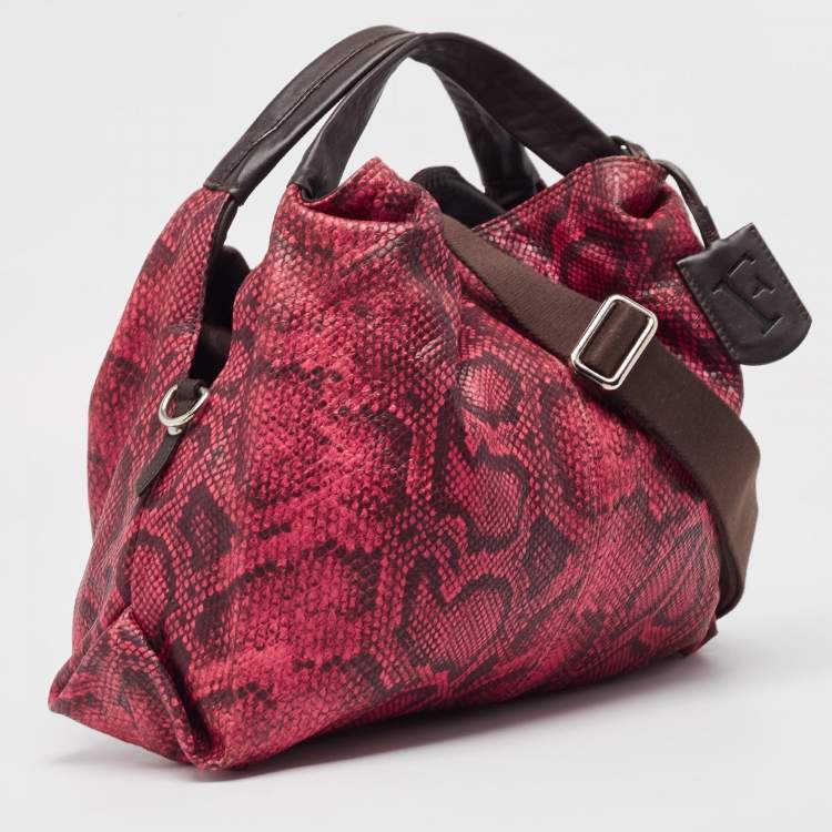 Pre Owned Furla Red/Brown Python Embossed and Leather Hobo