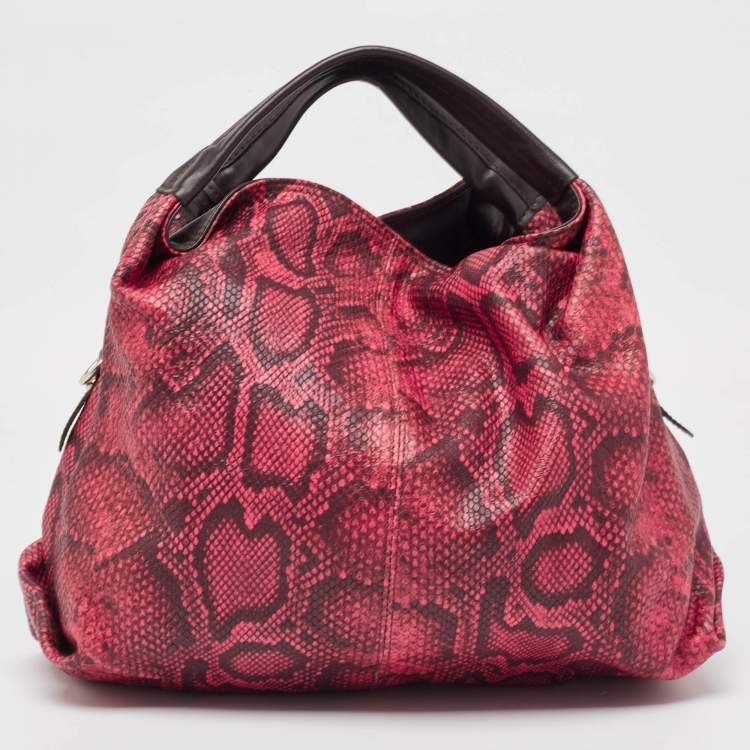Pre Owned Furla Red/Brown Python Embossed and Leather Hobo