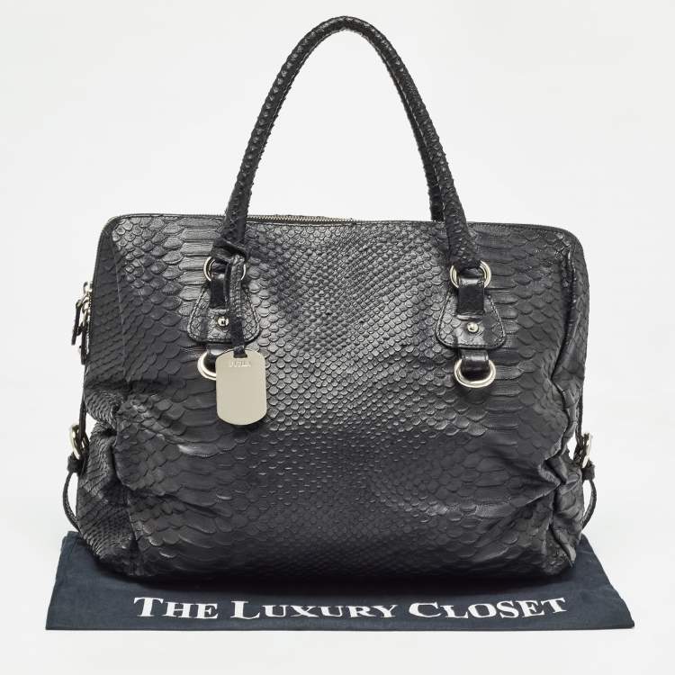 Pre Owned Furla Black Python Embossed Leather Expandable Zip Satchel