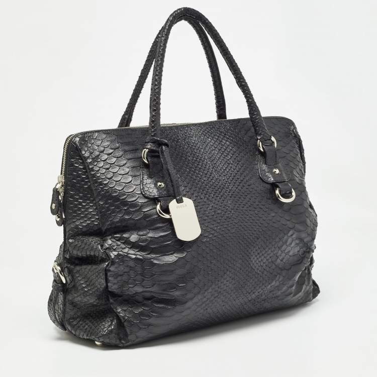 Pre Owned Furla Black Python Embossed Leather Expandable Zip Satchel