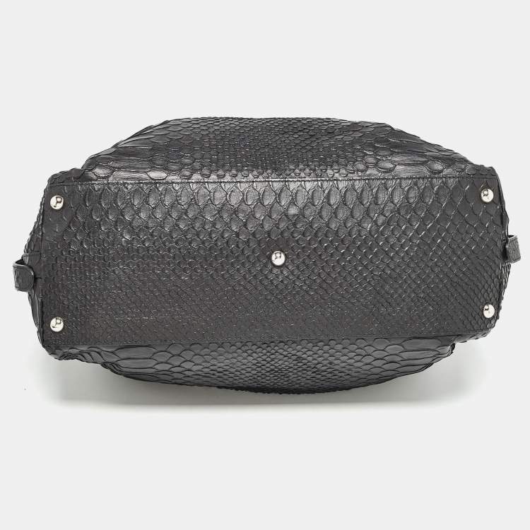 Pre Owned Furla Black Python Embossed Leather Expandable Zip Satchel