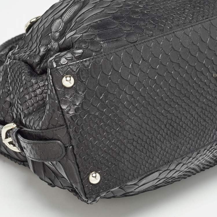 Pre Owned Furla Black Python Embossed Leather Expandable Zip Satchel