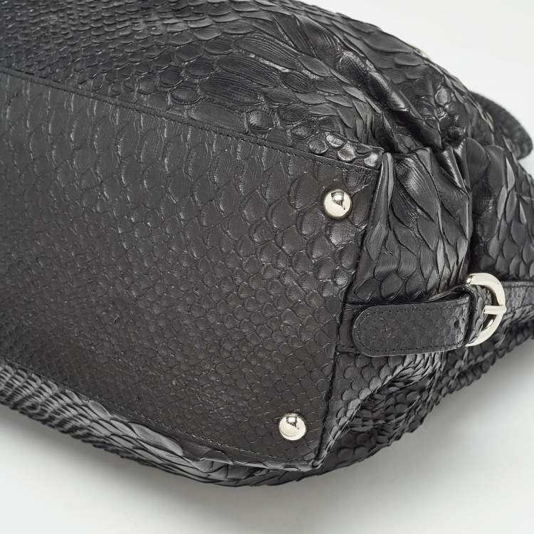 Pre Owned Furla Black Python Embossed Leather Expandable Zip Satchel