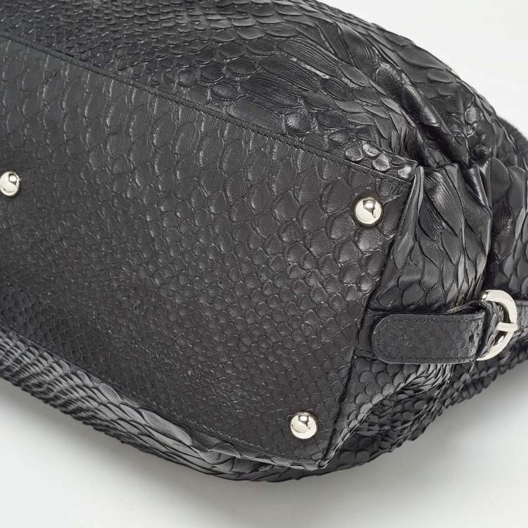 Pre Owned Furla Black Python Embossed Leather Expandable Zip Satchel