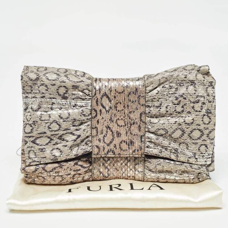 Pre Owned Furla Grey/Silver Snakeskin Embossed Leather Bow Clutch