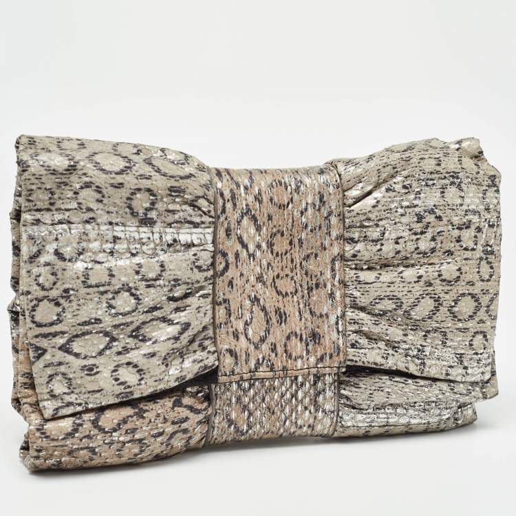 Pre Owned Furla Grey/Silver Snakeskin Embossed Leather Bow Clutch