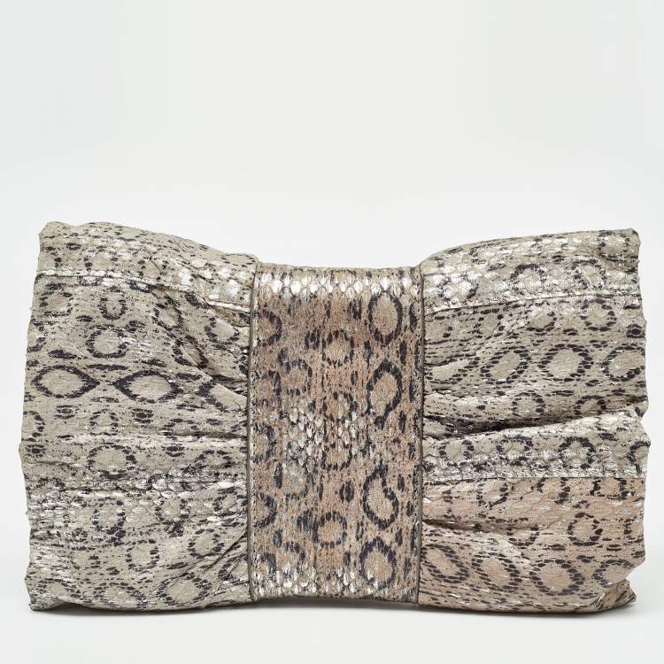 Pre Owned Furla Grey/Silver Snakeskin Embossed Leather Bow Clutch