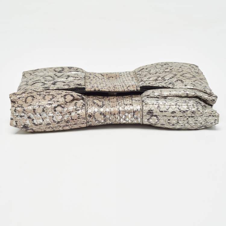 Pre Owned Furla Grey/Silver Snakeskin Embossed Leather Bow Clutch