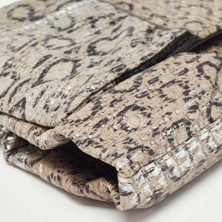 Pre Owned Furla Grey/Silver Snakeskin Embossed Leather Bow Clutch