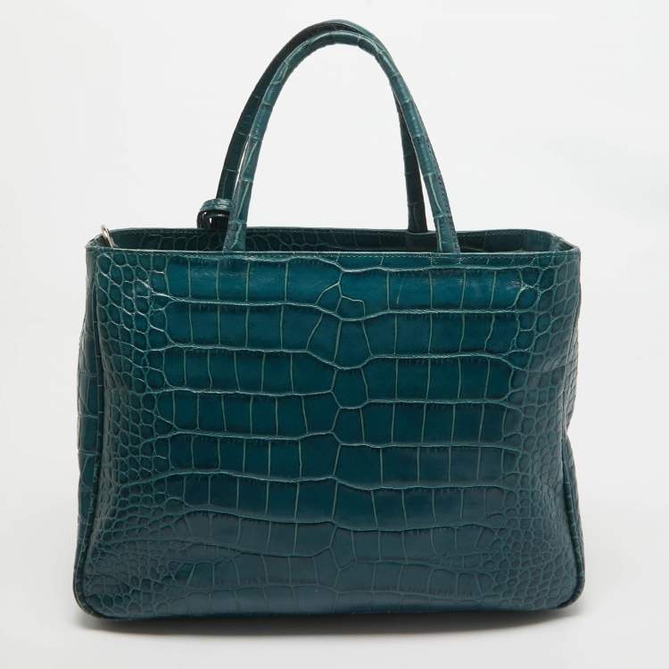 Pre Owned Furla Dark Green Croc Embossed Leather Practica Tote