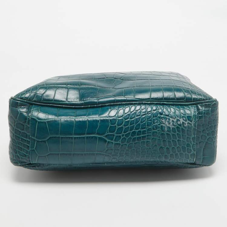 Pre Owned Furla Dark Green Croc Embossed Leather Practica Tote