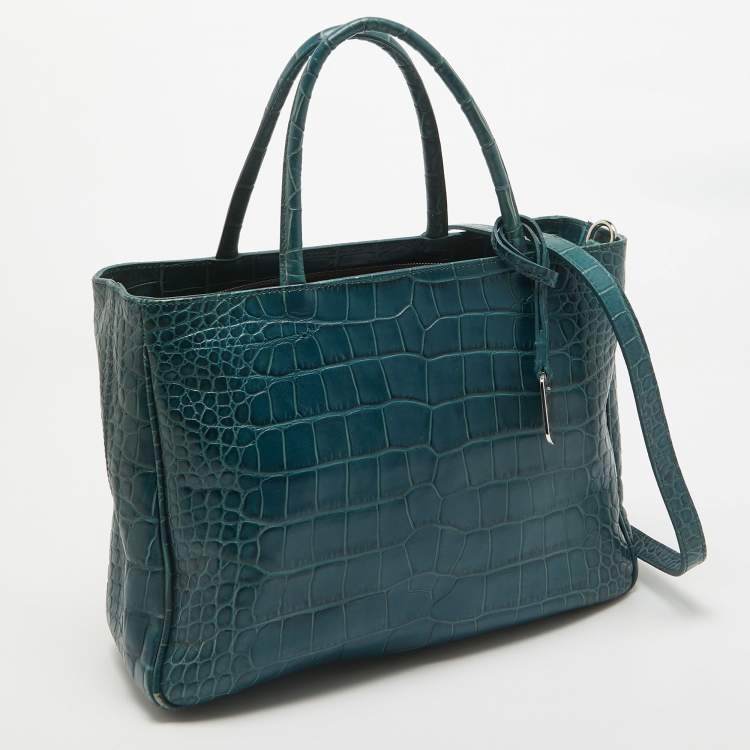 Pre Owned Furla Dark Green Croc Embossed Leather Practica Tote