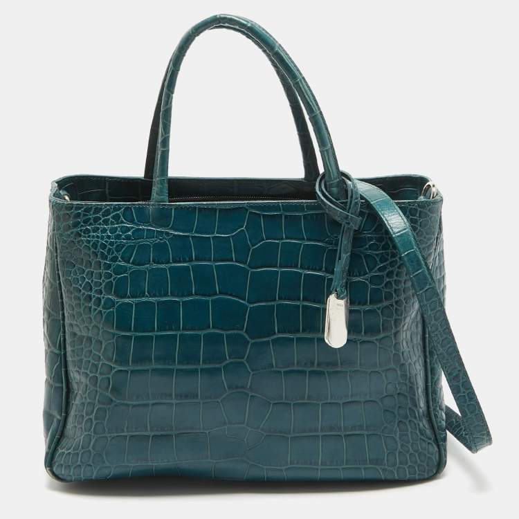Pre Owned Furla Dark Green Croc Embossed Leather Practica Tote