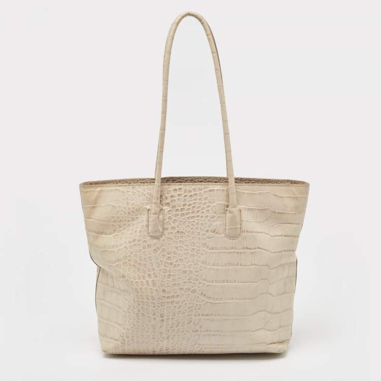 Pre Owned Furla Cream Croc Embossed Leather Tote