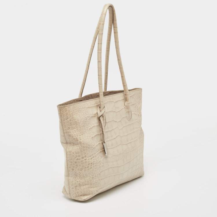 Pre Owned Furla Cream Croc Embossed Leather Tote