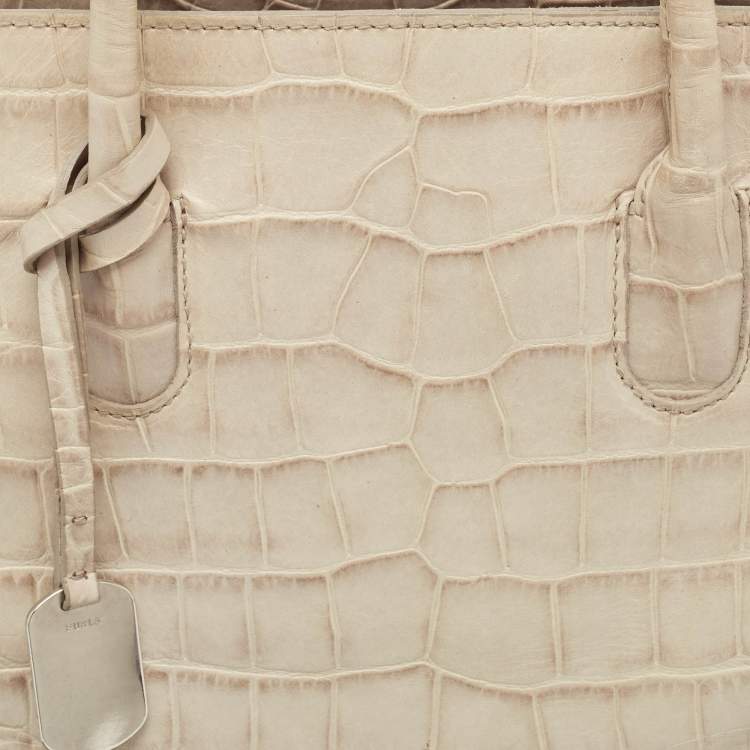 Pre Owned Furla Cream Croc Embossed Leather Tote