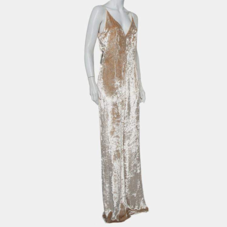 Pre Owned Gabriela Hearst Beige Patterned Velvet Catherine Jumpsuit M