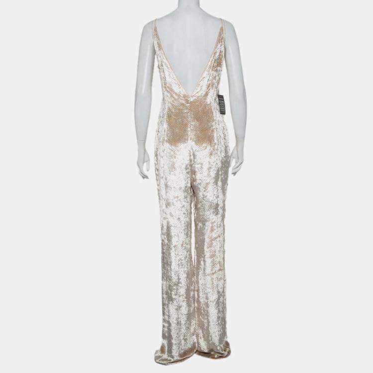 Pre Owned Gabriela Hearst Beige Patterned Velvet Catherine Jumpsuit M