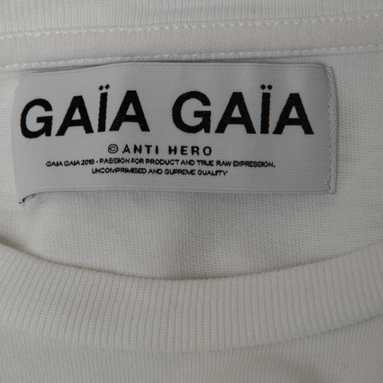 Pre Owned Gaia Gaia White Logo Print Cotton Yara Padded Shoulder T-Shirt S