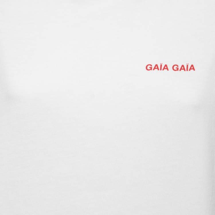 Pre Owned Gaia Gaia White Logo Print Cotton Yara Padded Shoulder T-Shirt S