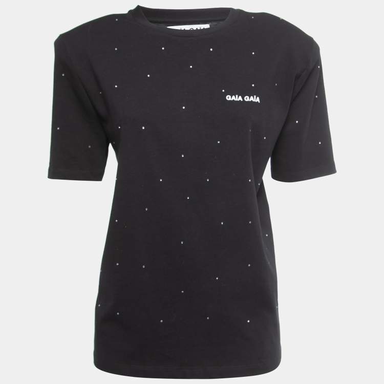Pre Owned Gaia Gaia Black Cotton Rhinestone Embellished Yara T-Shirt S