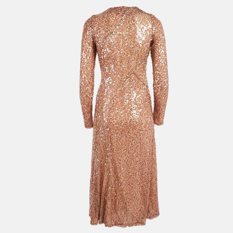 Pre Owned Galvan London Rose Gold Sequin Embellished Mesh Draped Midi Dress S
