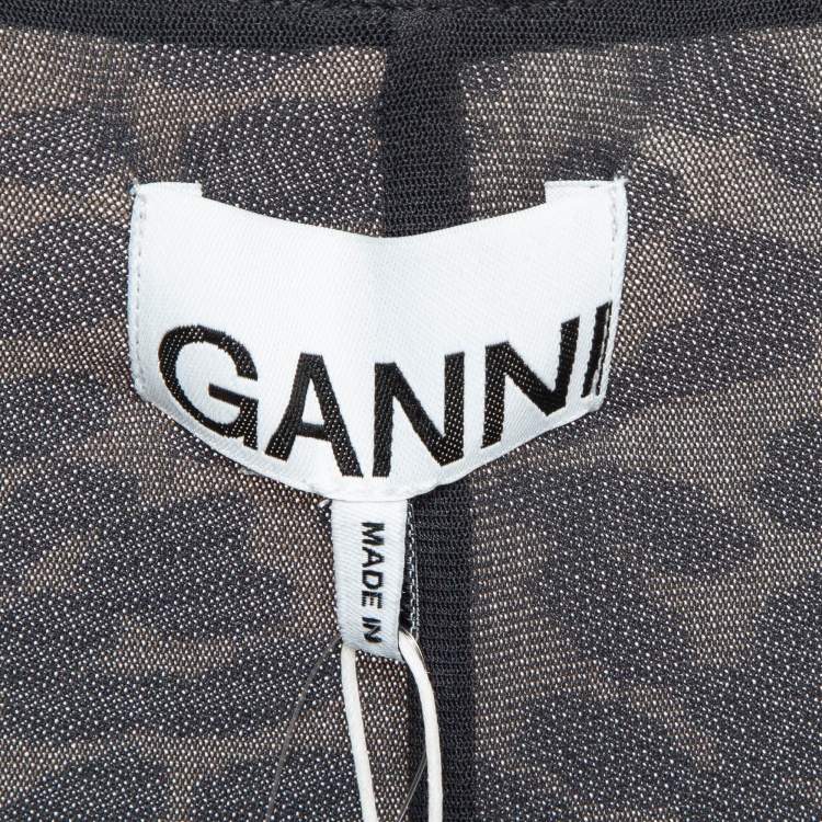 Pre Owned Ganni Brown Brown Leopard Print Jersey Mesh Ruched Mini Dress L
