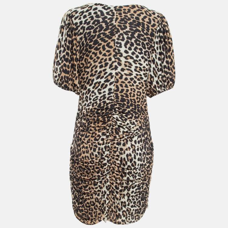 Pre Owned Ganni Brown Brown Leopard Print Jersey Mesh Ruched Mini Dress L