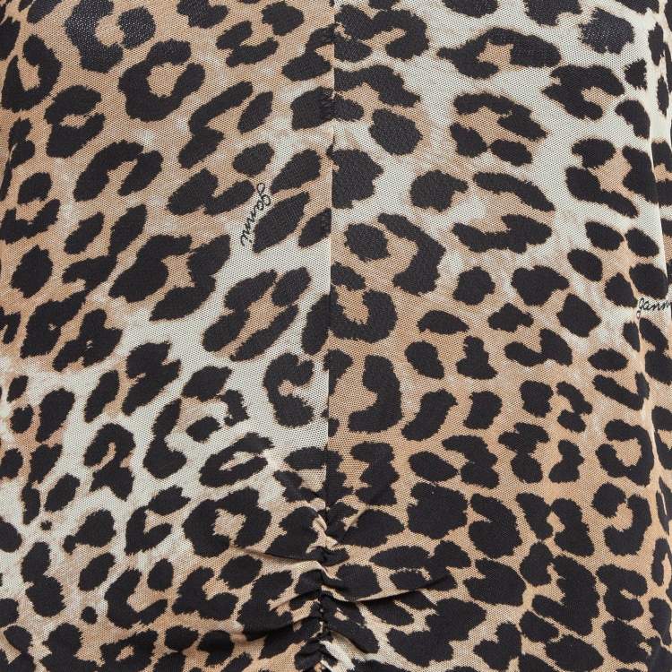 Pre Owned Ganni Brown Brown Leopard Print Jersey Mesh Ruched Mini Dress L