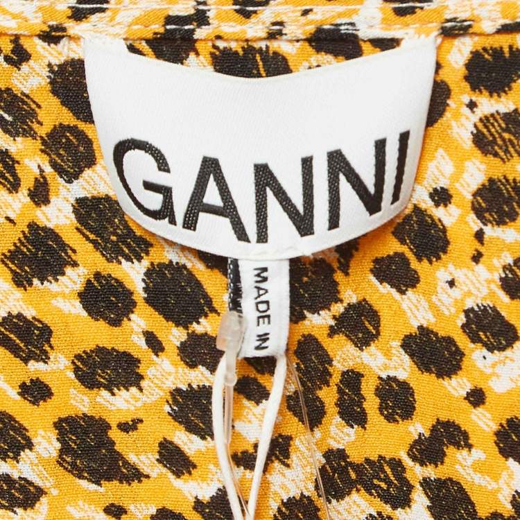 Pre Owned Ganni Yellow Leopard Print Crepe Buttoned Midi Dress M