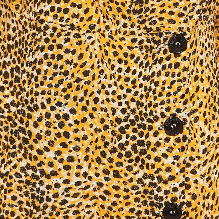 Pre Owned Ganni Yellow Leopard Print Crepe Buttoned Midi Dress M