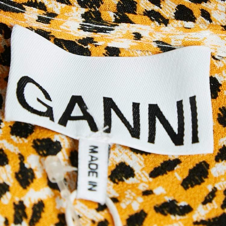 Pre Owned Ganni Yellow Leopard Print Crepe Buttoned Midi Dress S