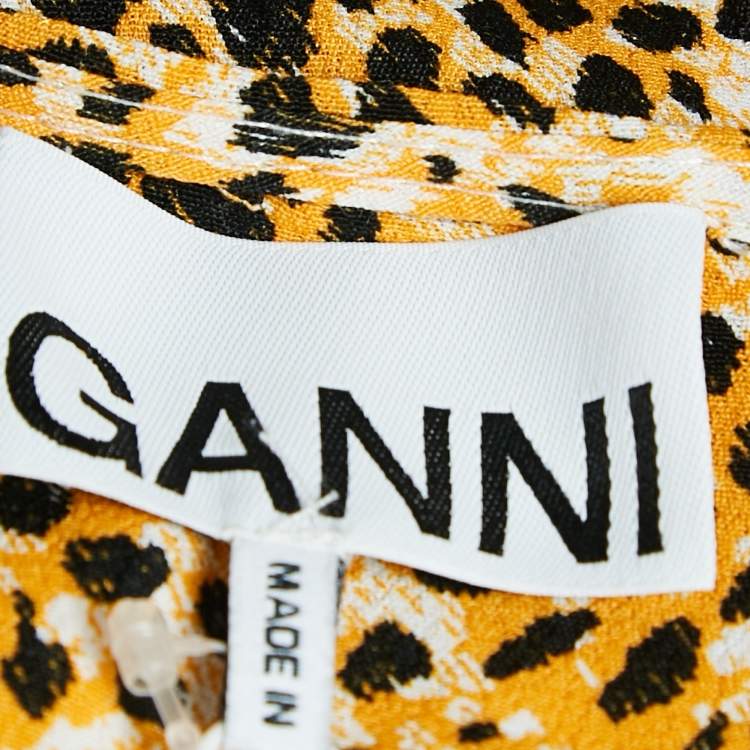Pre Owned Ganni Yellow Leopard Print Crepe Buttoned Midi Dress S