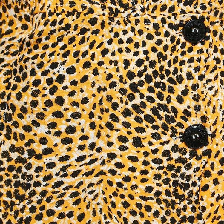 Pre Owned Ganni Yellow Leopard Print Crepe Buttoned Midi Dress S